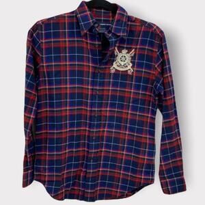 Ralph Lauren Polo Sport Flannel Shirt Size 2 Blue Red Embellished Crest Logo